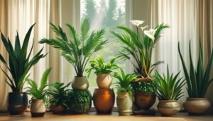A bright indoor room filled with the highest oxygen producing plants like Snake Plant, Peace Lily, and Areca Palm in decorative pots.