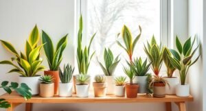 An indoor display of succulent plants including a succulent cactus, Sansevieria Whitney, spider plant, Rare Yellow Brazilian Wood Plant, and Haworthia Zebra—perfect low-maintenance indoor succulent plants for home decor.