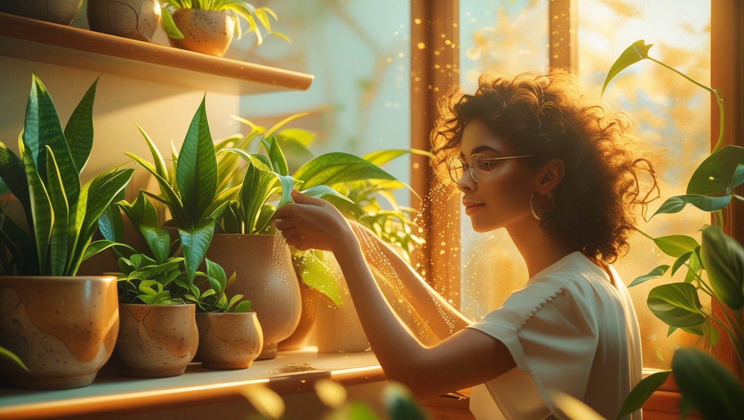A cozy indoor space with a person watering houseplants, including snake plant, pothos, and peace lily, placed on a shelf and windowsill under natural sunlight.
