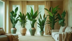 Big indoor plants for living room in modern low light home setting, including tall indoor plants like ZZ plant, Dracaena, and Peace Lily.