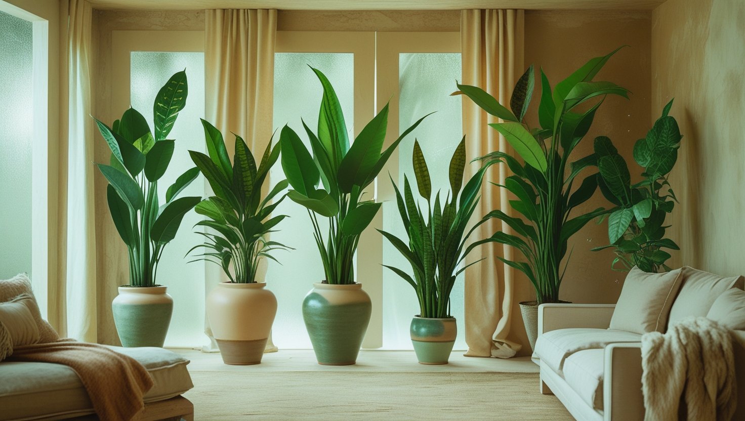 Big indoor plants for living room in modern low light home setting, including tall indoor plants like ZZ plant, Dracaena, and Peace Lily.