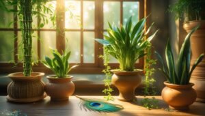 Vastu plants for home decor: Money plant in southeast corner, lucky bamboo in east window, snake plant by entrance, and jade plant on table in sunlit room.