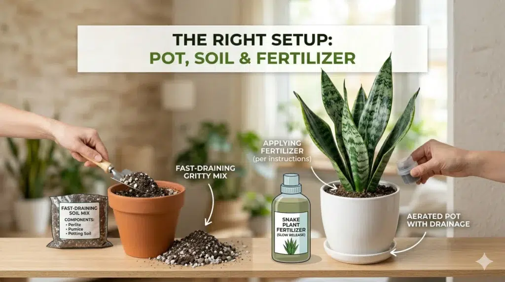 Snake plant potting setup showing fast-draining soil mix, proper pot with drainage, and fertilizer application