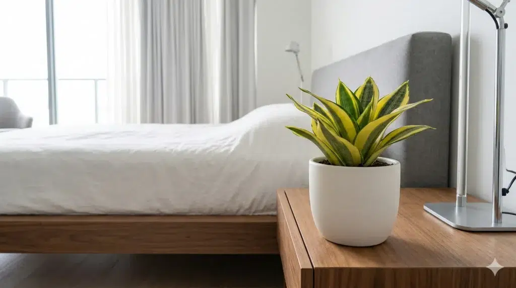snake plant care bedroom indoor with small sansevieria on bedside table