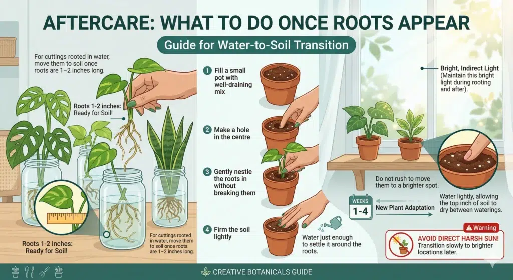 Infographic showing snake plant aftercare steps once roots appear — transferring water cuttings to soil, potting steps, light requirements, and watering tips
