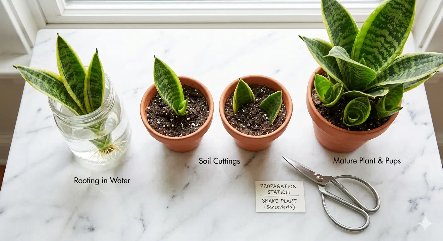 Snake plant propagation stages showing leaf cuttings in water, soil cuttings in terracotta pots, and a healthy snake plant with pups on a white marble surface