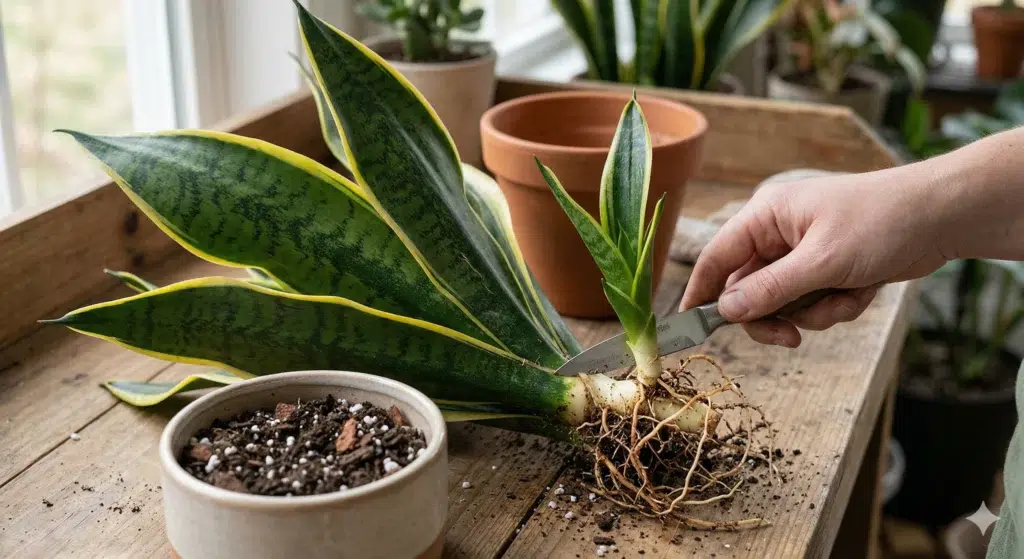 A hand using a small knife to separate a snake plant pup (offset) from the mother plant at the rhizome, with exposed roots and soil on a wooden surface, alongside a pot filled with well-draining propagation mix.
