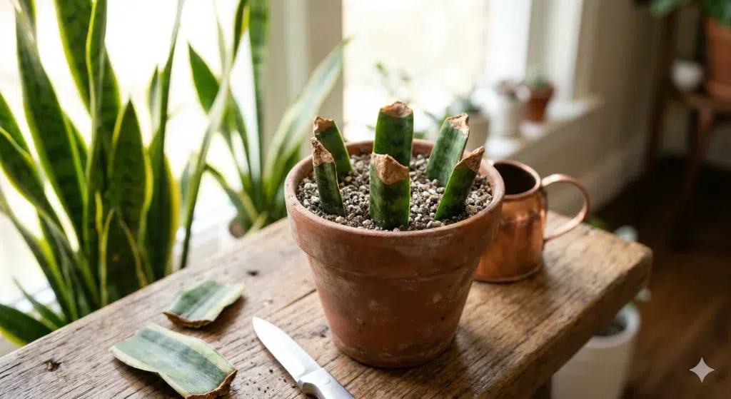 Snake plant leaf cuttings with calloused tops planted upright in a terracotta pot filled with gritty well-draining soil mix, with a knife and mother plant in the background