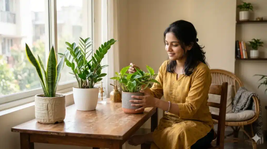 Beginner choosing first indoor plant at home near window with snake plant pothos and ZZ plant