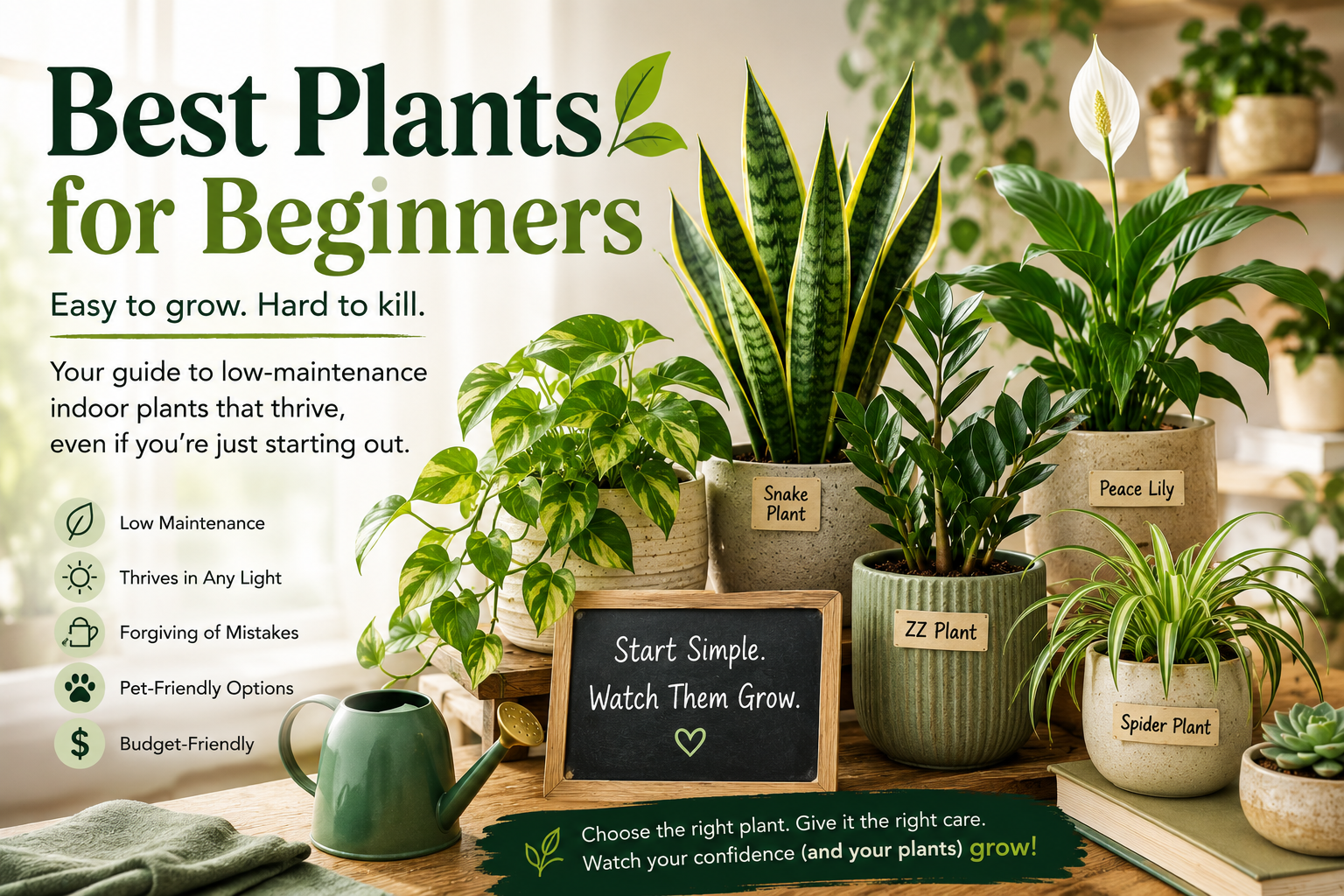 Indoor Plant collection featuring Money Plant, Snake Plant, ZZ Plant, and Spider Plant arranged in a bright modern Indian home