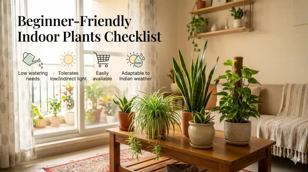 Beginner-friendly checklist of the best indoor plants highlighting low watering needs, low light tolerance, easy availability, and adaptability to Indian weather
