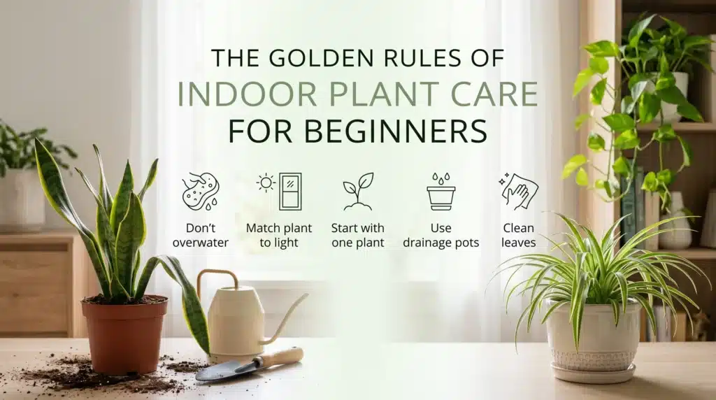 Best plants for beginners golden rules infographic showing watering tips, drainage pots, plant care basics and indoor plant maintenance