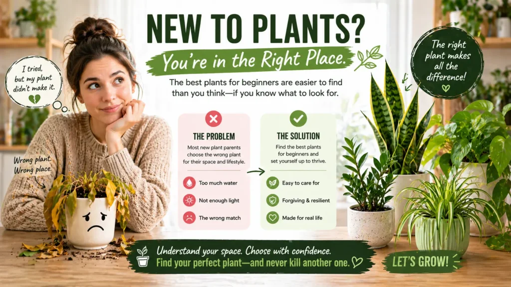 Best plants for beginners illustrated with a struggling plant vs thriving indoor plants showing the right plant choice for new plant parents