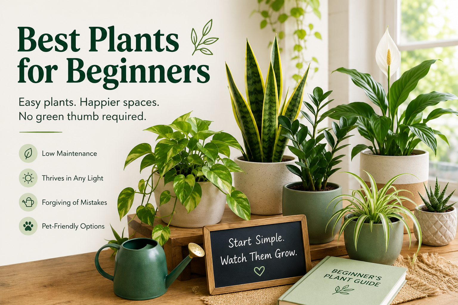 Best Plants for Beginners featuring easy-care indoor plants like Snake Plant, ZZ Plant, Pothos, and Spider Plant in a bright modern home