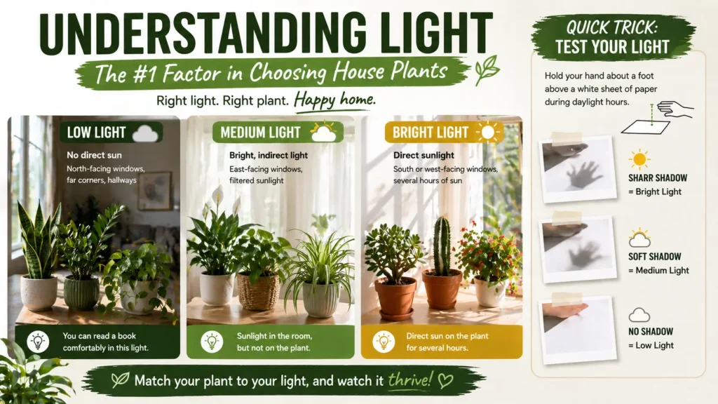 Best plants for beginners light guide showing low light, medium light and bright light conditions for indoor plants