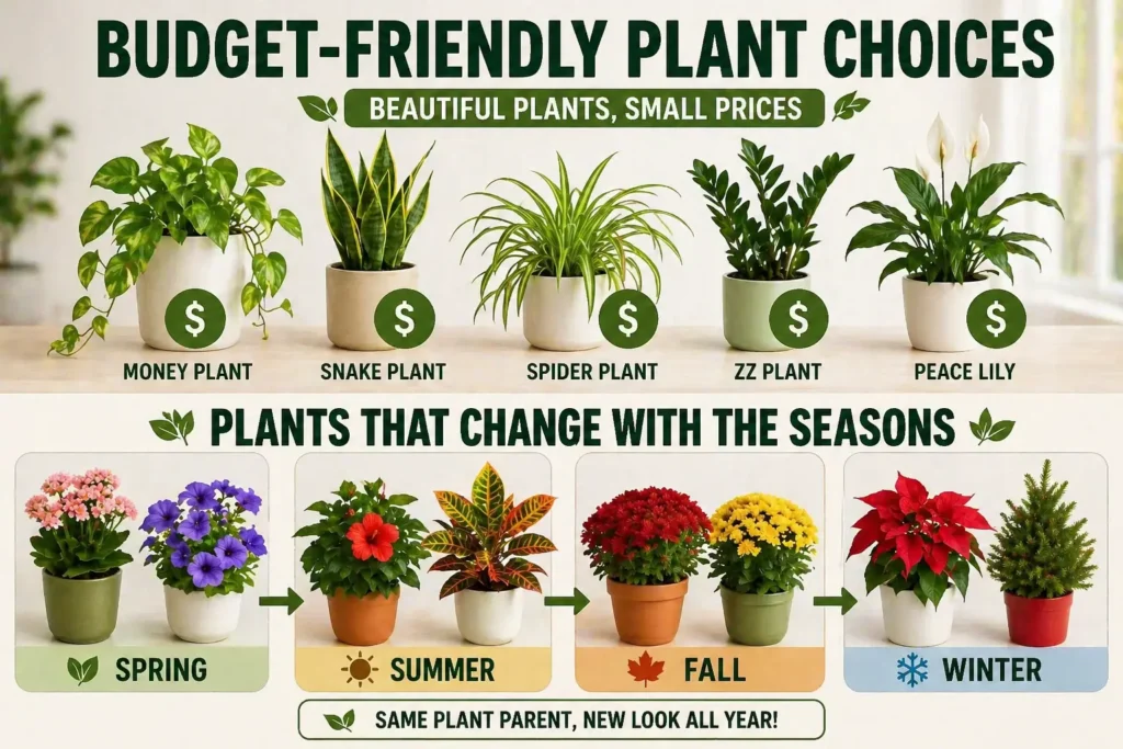 budget friendly indoor plants and seasonal plants spring summer fall winter houseplants guide