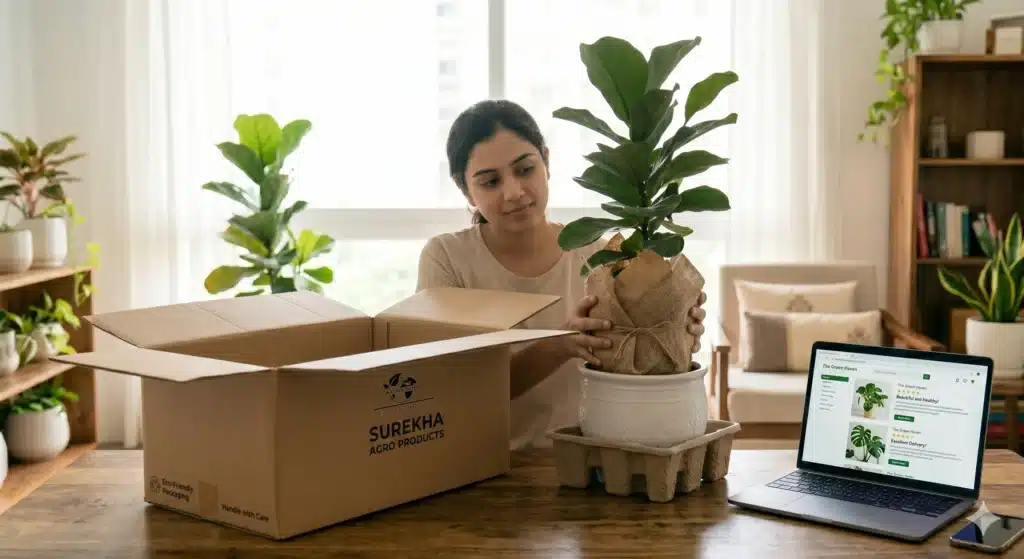 A woman unboxing indoor plants from Surekha Agro Products, showing eco-friendly packaging and a healthy plant, with an online plant store visible on a laptop.
