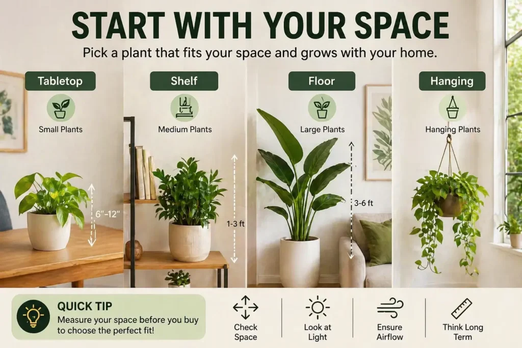 how to choose indoor plant based on space tabletop shelf floor hanging plants size guide