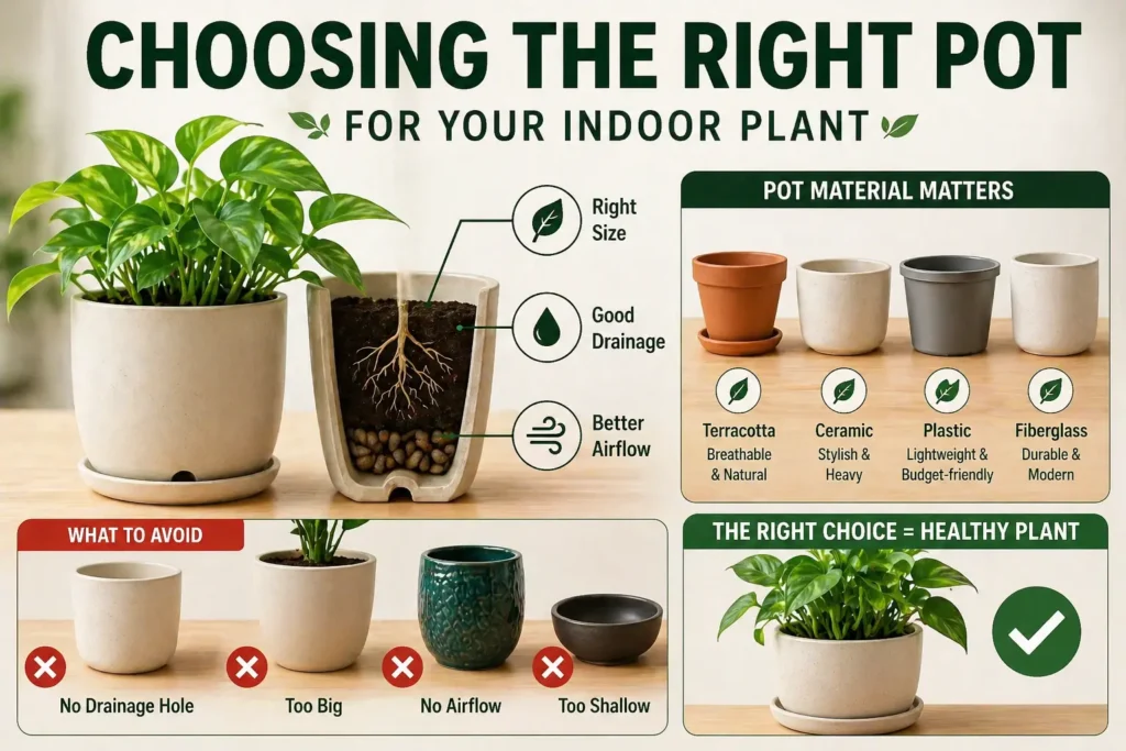 choosing right pot for indoor plants size drainage material terracotta ceramic plastic guide