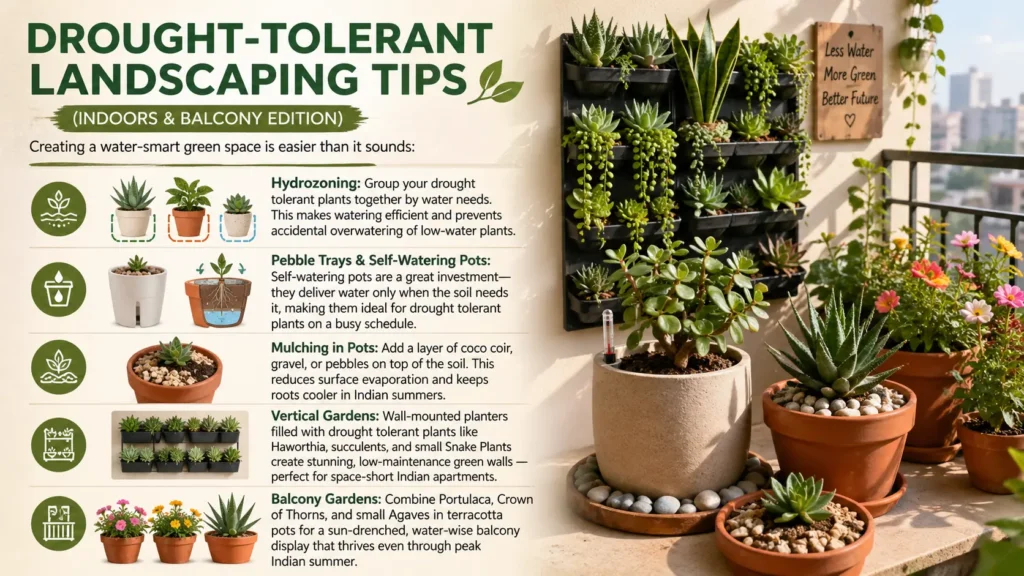 Drought-tolerant indoor and balcony garden with succulents, snake plants, vertical planters, and self-watering pots in an Indian apartment setting
