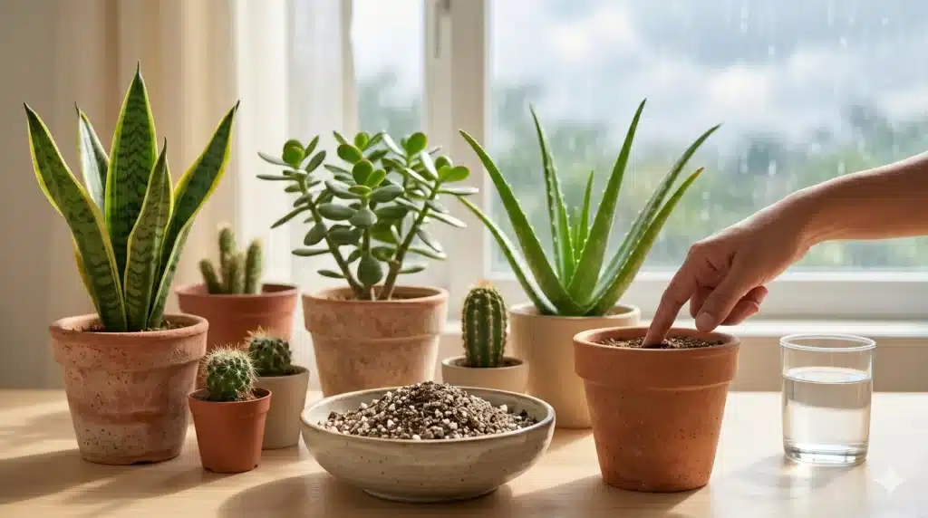 A serene indoor gardening scene featuring a collection of succulents and cacti in terracotta pots on a wooden table, with a hand testing the soil moisture and a rainy window in the background.