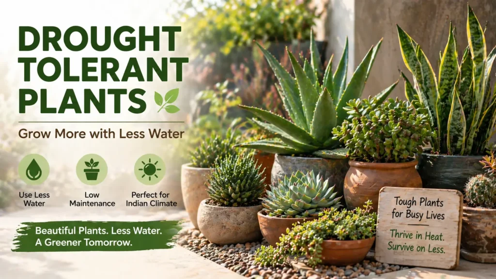 Collection of drought tolerant plants like aloe vera, snake plant and succulents in pots thriving in bright sunlight with minimal water