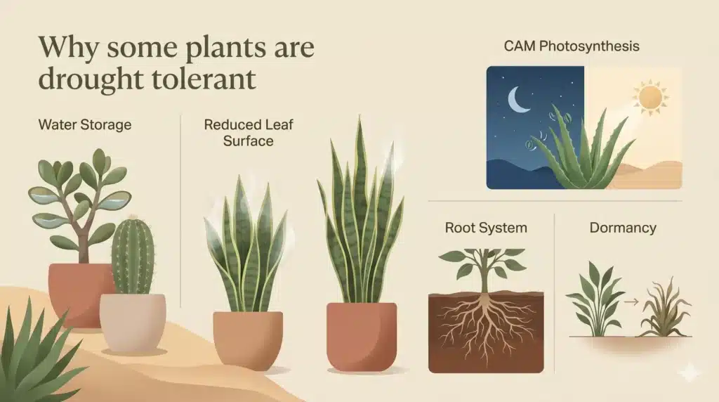 Illustration showing why some plants are drought tolerant, including water storage in succulents, reduced leaf surface in snake plants, CAM photosynthesis, deep root systems, and plant dormancy