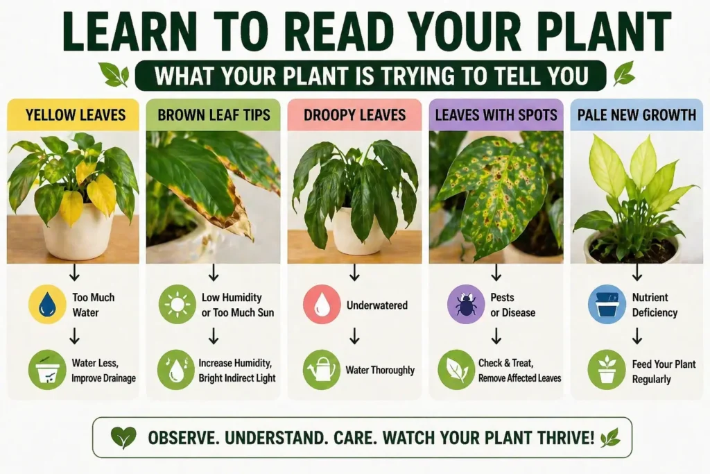 how to read your indoor plant signs yellow leaves brown tips droopy leaves pests nutrient deficiency guide