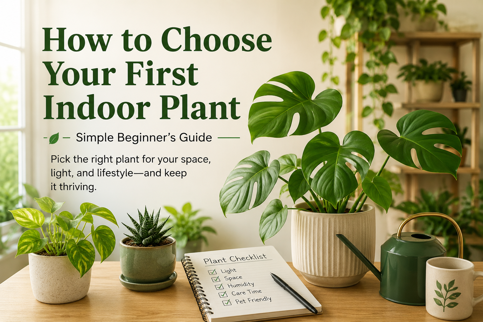 Beginner-friendly indoor plant setup with monstera, pothos, succulent, and plant care checklist in a bright modern home