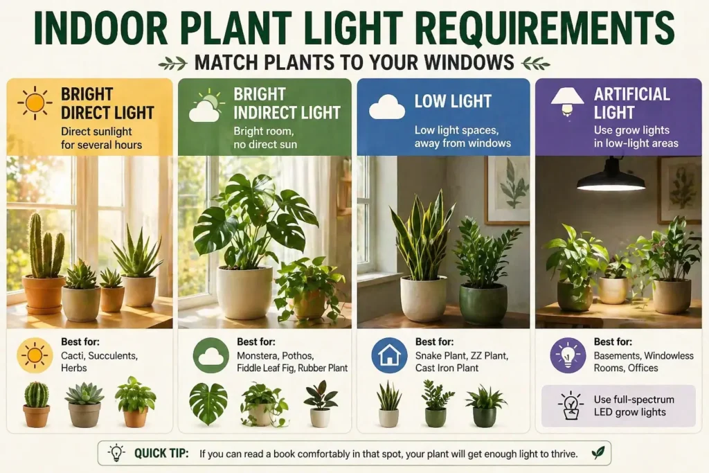 indoor plant light requirements bright direct indirect low artificial light window guide