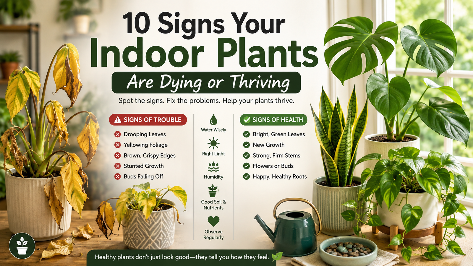 Healthy and unhealthy indoor plants showing yellow leaves, drooping foliage, and thriving green houseplants in a modern indoor setting