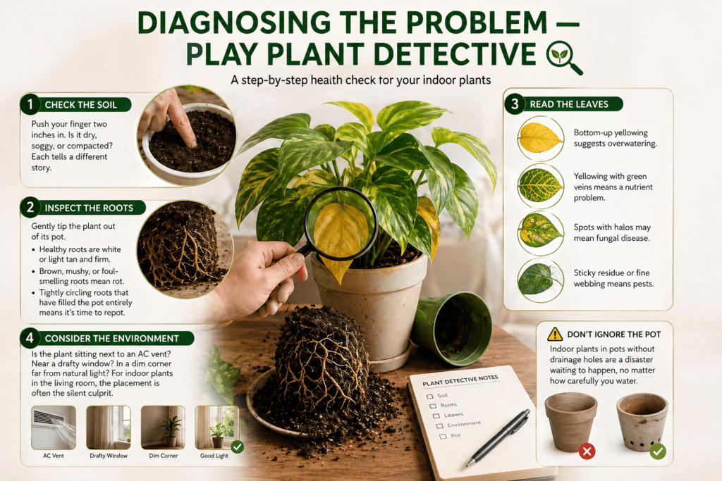 Infographic showing how to diagnose indoor plants problems by checking soil, roots, leaves, environment, and pot drainage