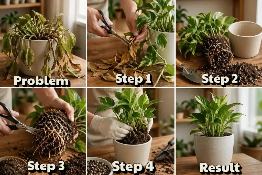 Step-by-step process of reviving indoor plants by pruning dry leaves, trimming roots, and repotting into fresh soil