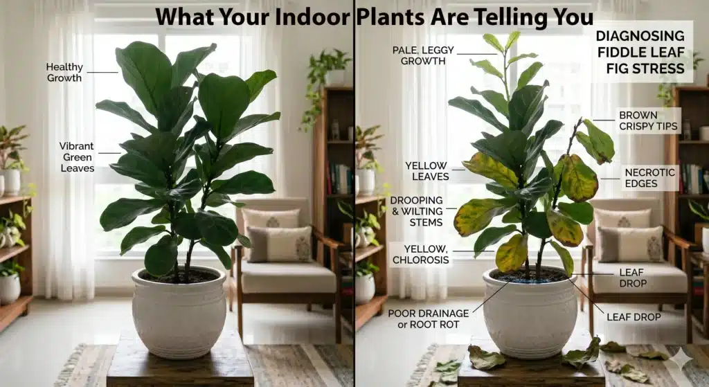 Indoor plants infographic showing healthy fiddle leaf fig versus plant with yellow leaves, brown tips, drooping stems and leaf drop symptoms