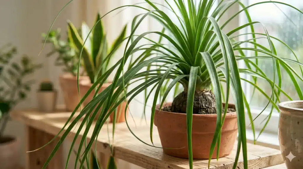 A detailed close-up shot of a healthy Ponytail Palm with its distinctive bulbous trunk and long cascading leaves, sitting on a sunlit wooden shelf alongside other potted succulents like a Snake Plant, in an indoor garden setting by a window.