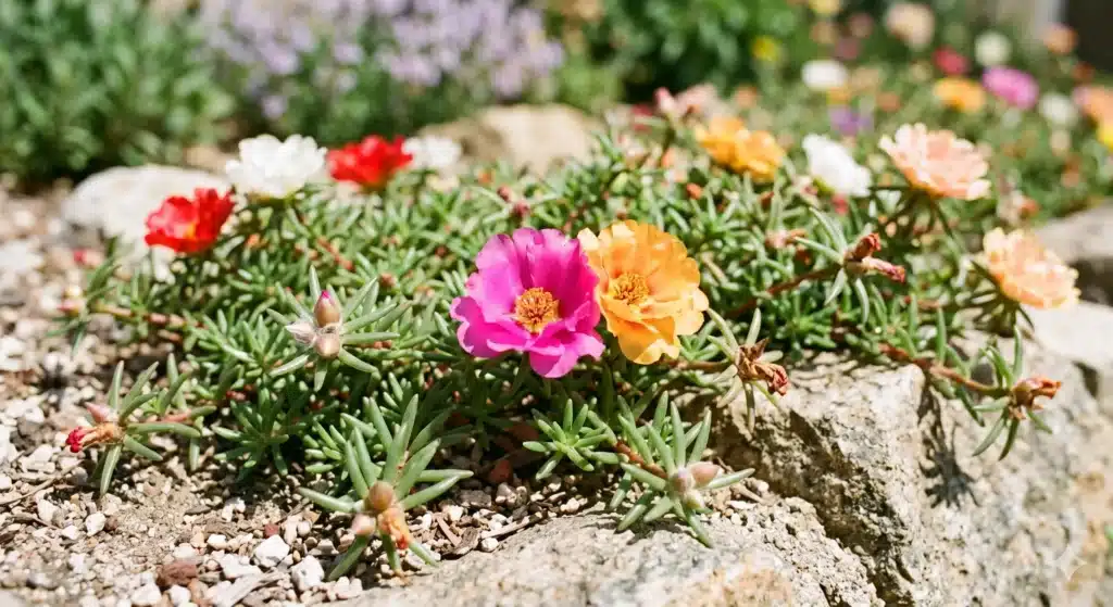 A cluster of colorful Portulaca (Moss Rose) flowers in pink, orange, and red blooming among succulent green leaves in a sun-drenched rock garden.