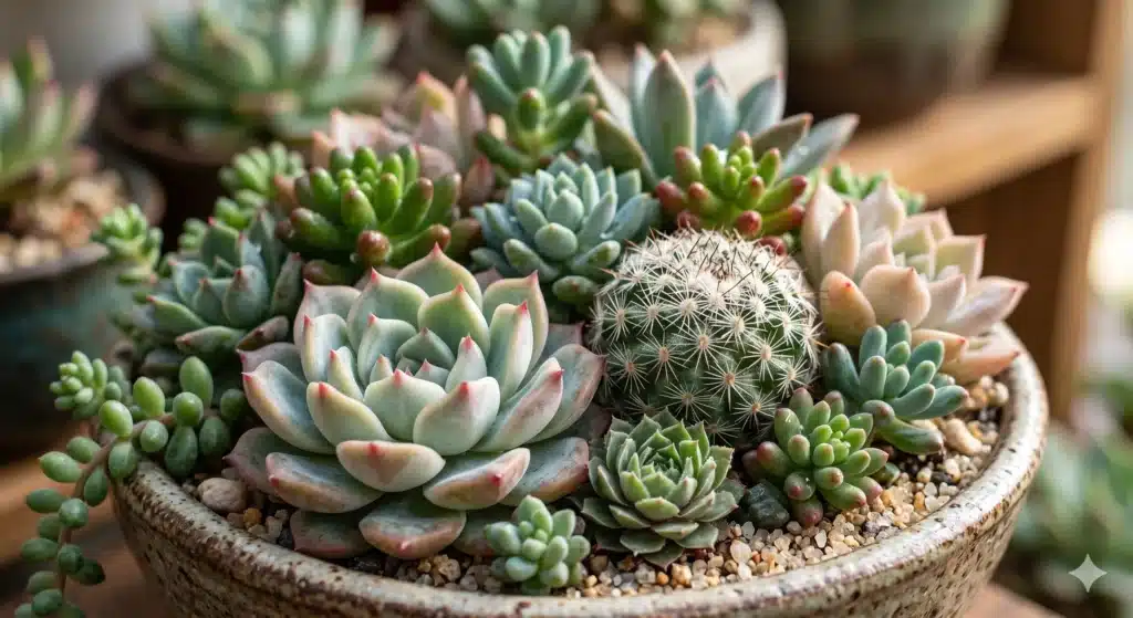 A close-up view of a diverse succulent and cactus arrangement in a ceramic bowl, featuring Echeveria rosettes, a small spiny globular cactus, and trailing Sedum plants.