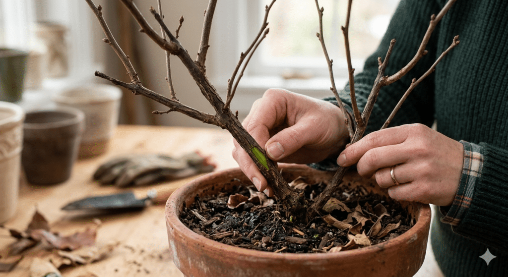 A potted plant with yellowing leaves and a bare stem, positioned next to a small garden trowel and an informative card, resting on a rustic wooden table. The lighting is diffused, highlighting the texture of the plant and the worn wood, reflecting a moment of quiet inspection.