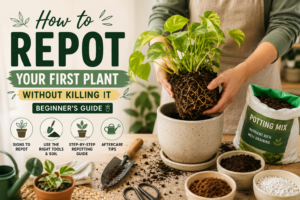 Beginner repotting an indoor plant with fresh soil and a new pot