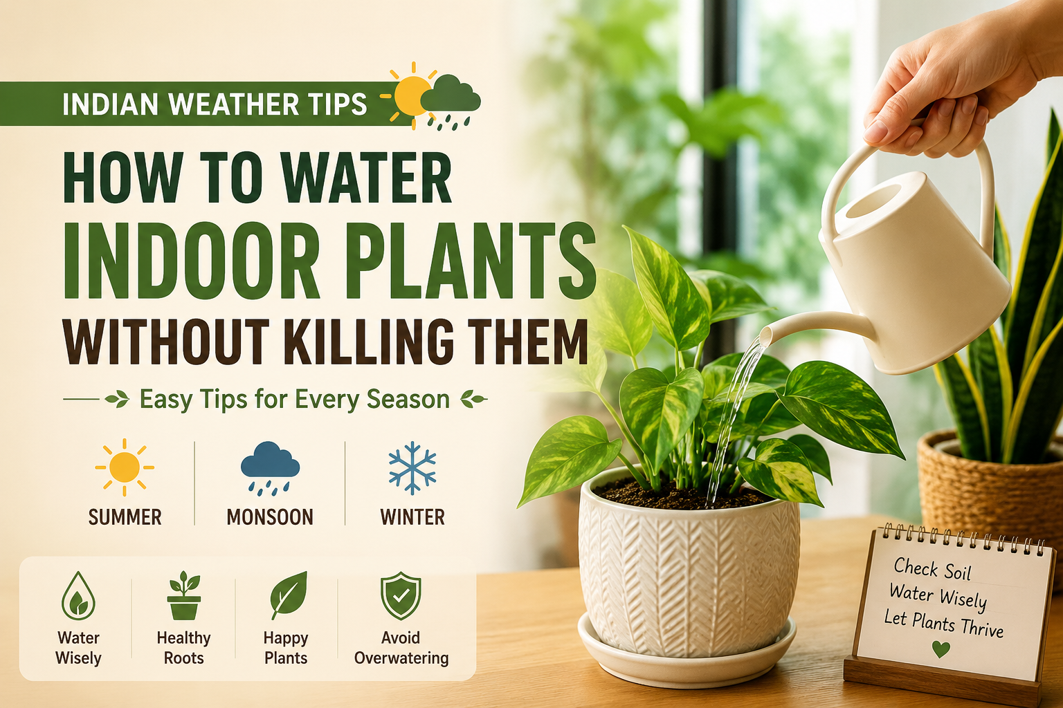 How to Water Indoor Plants correctly in Indian weather with seasonal watering tips for healthy indoor plants