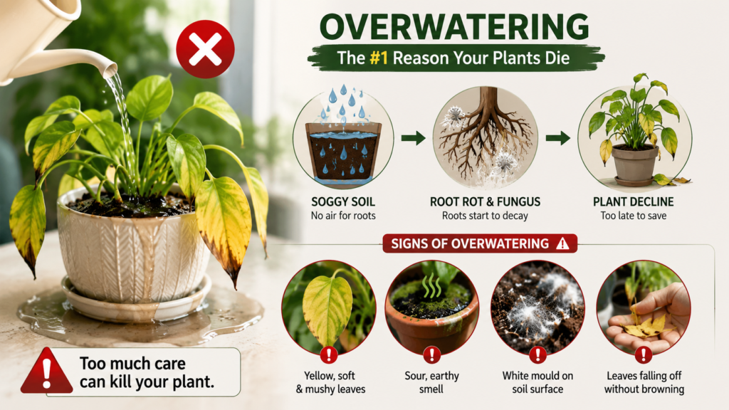 How to Water Indoor Plants properly by avoiding overwatering, root rot, yellow leaves, and fungal growth in houseplants