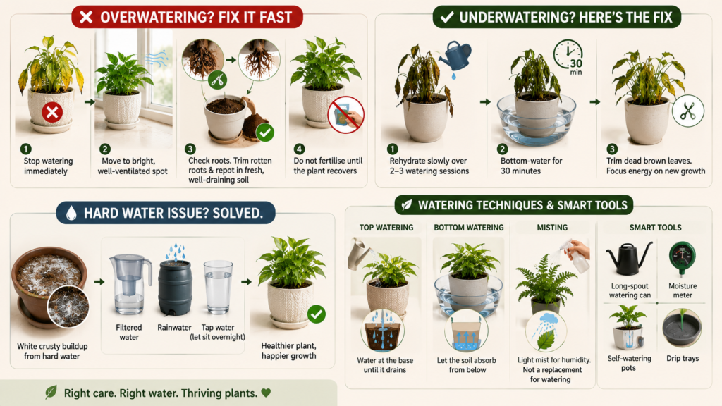 How to Water Indoor Plants correctly by fixing overwatering, underwatering, and hard water problems in houseplants