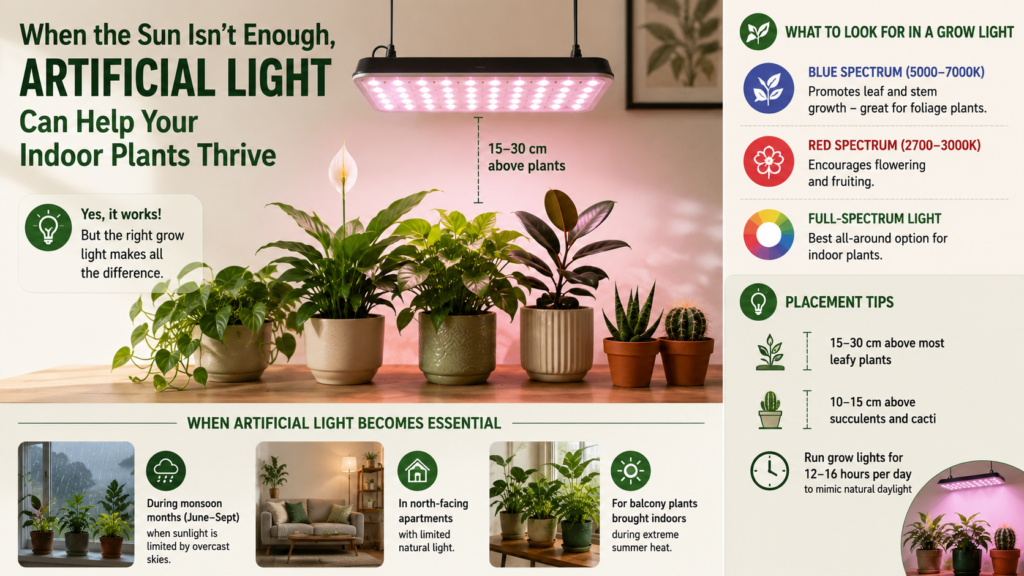 Indoor plants placed under LED grow lights showing artificial lighting setup for healthy plant growth inside a modern home.