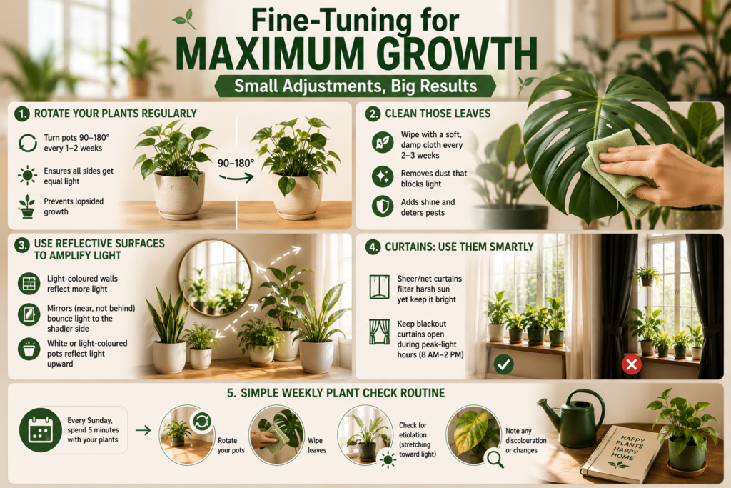 Indoor plants care infographic showing plant rotation, leaf cleaning, reflective surfaces, curtain management, and weekly maintenance tips for healthier growth.