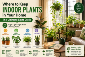 Indoor plants placed near windows in different lighting conditions inside a bright modern home with a visual guide for plant light requirements.