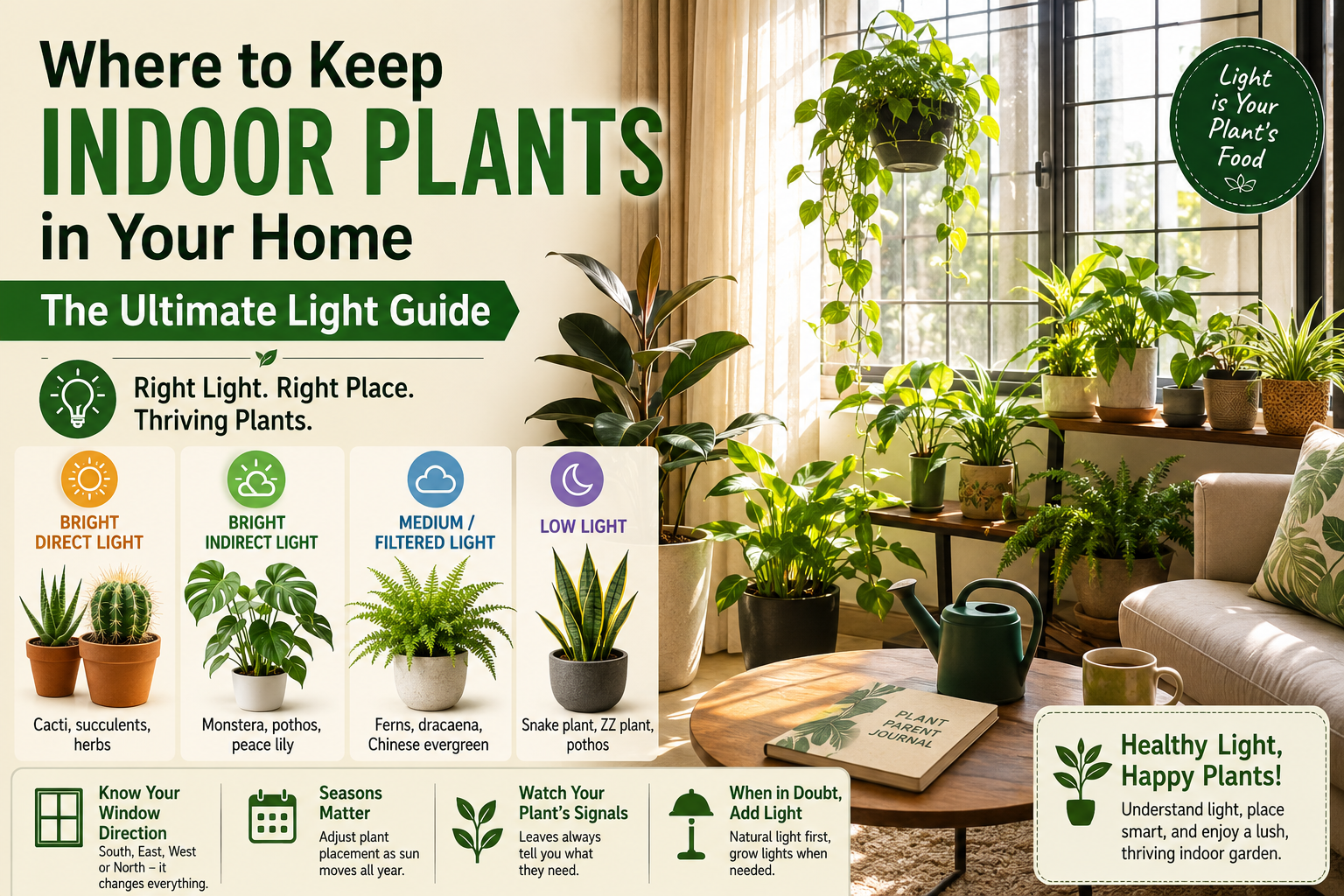 Indoor plants placed near windows in different lighting conditions inside a bright modern home with a visual guide for plant light requirements.