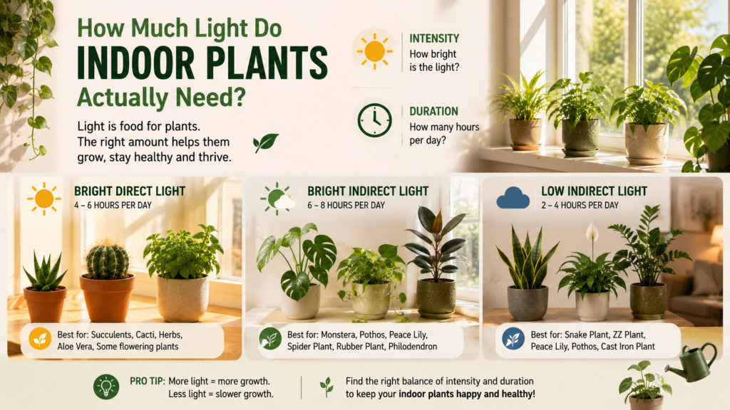 Indoor plants displayed under different light conditions showing light intensity and daily sunlight duration requirements for healthy plant growth.