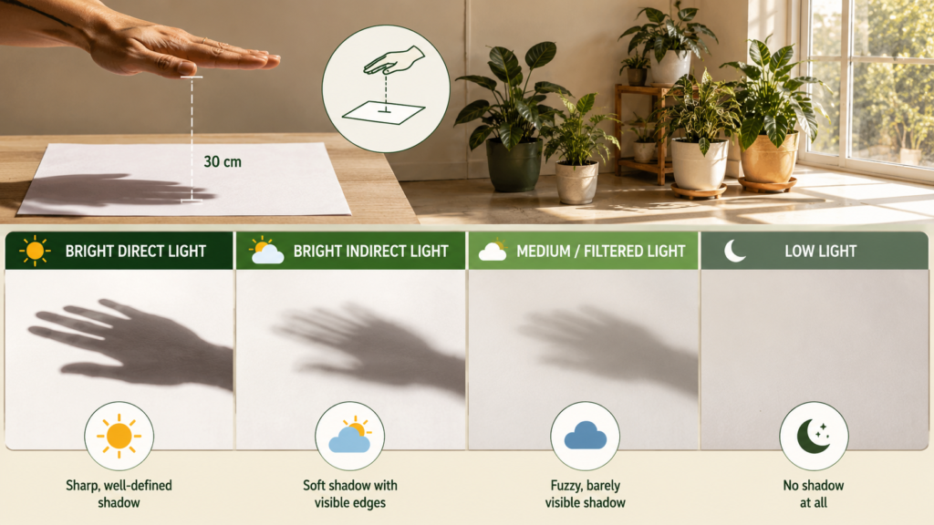 Shadow test infographic showing different indoor plant light levels including bright direct light, bright indirect light, medium light, and low light inside a modern home.