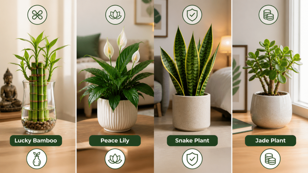 Low light indoor plants like lucky bamboo, peace lily, snake plant, and jade plant in a modern Indian home setting