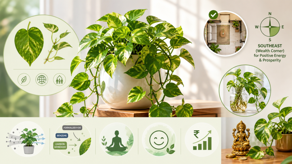 Money plant care infographic showing indoor pothos benefits, Vastu placement, and water propagation tips